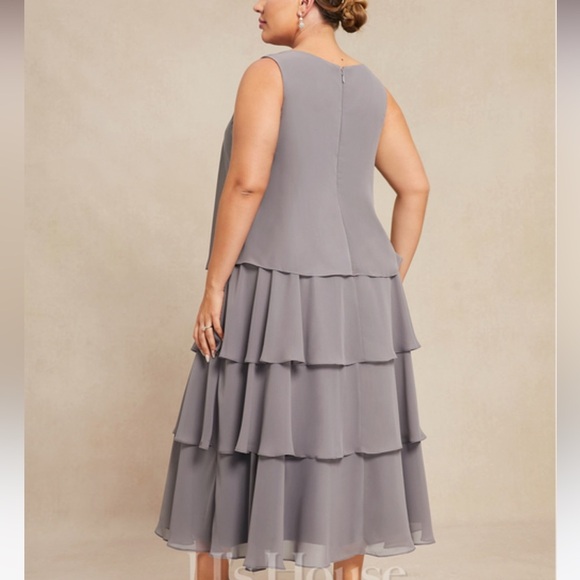 JJ’s House A-line Scoop Tea-Length Chiffon Mother of the Bride Cascading Ruffles - Picture 4 of 10